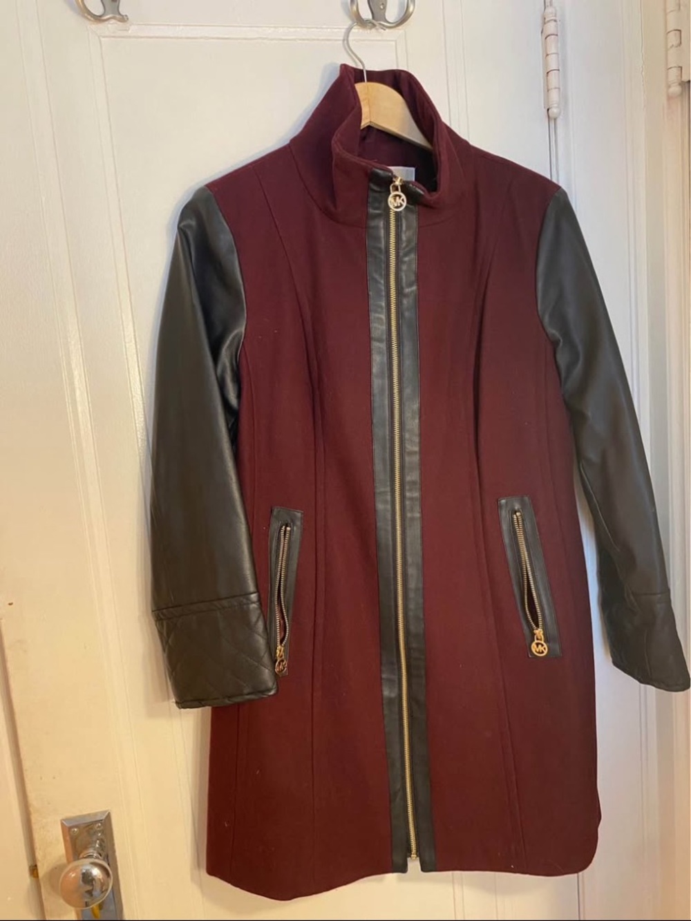 Michael Michael Kors faux leather burgundy wool coat Size L US 12